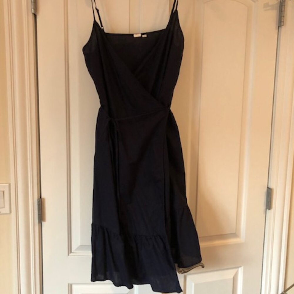 Gap Ruffle True Wrap Linen Dress Navy V-Neck Midi Knee Length - Picture 6 of 6